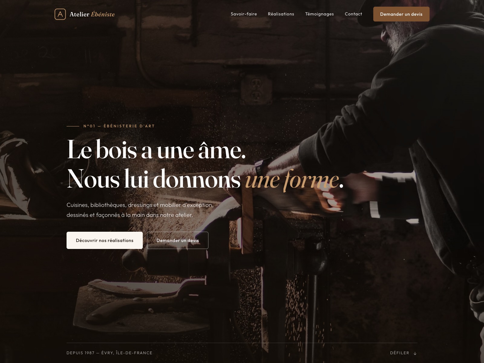 Page d'accueil du site démo Atelier Ébéniste