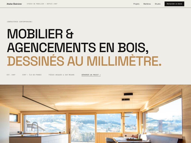 Page d'accueil du site démo Atelier Ébéniste